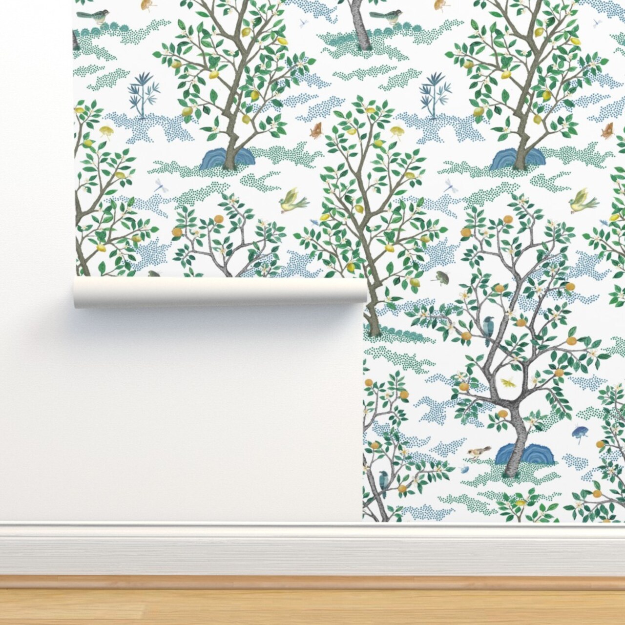 Orchard Toile Bird Green Blue Citrus Trees Large Scale Oranges Lemon Toile Chinoiserie Mural Grove Custom Pre-pasted Wallpaper by Spoonflower Pre-Pasted Wallpaper 2FT Wide